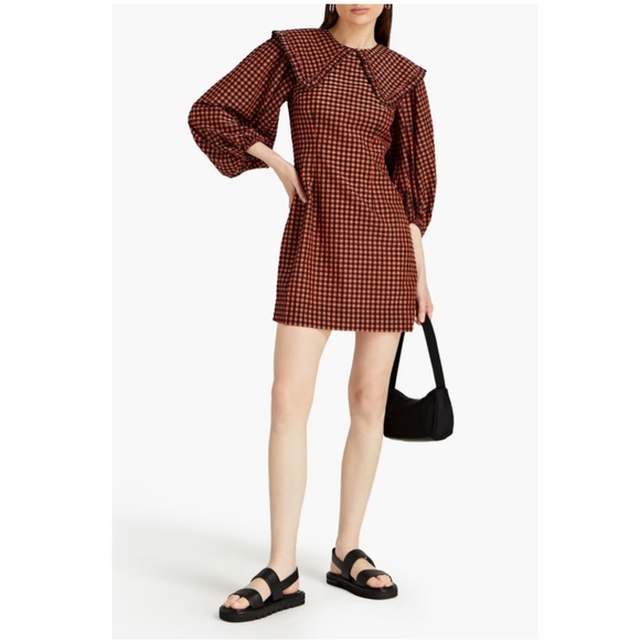 Ganni Iridescent Checked Seersucker Mini Dres Orange black sz 36 - Picture 1 of 11